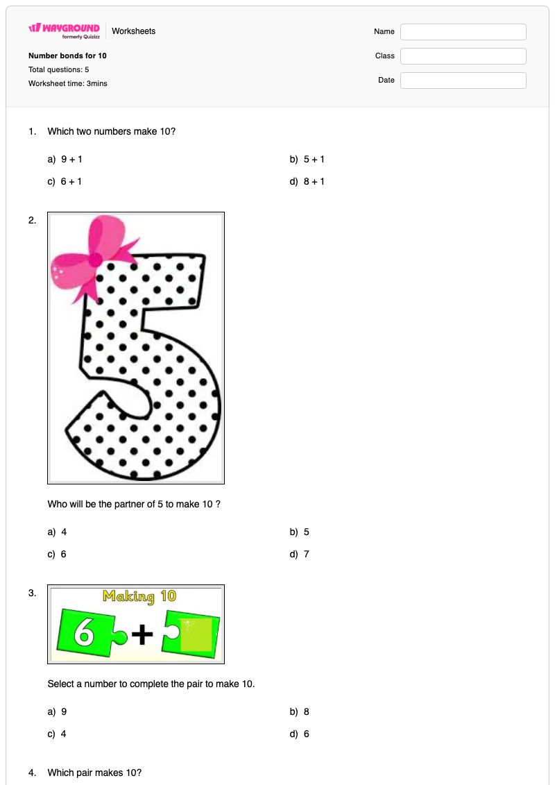 Number bonds for 10 - Printable Bonds-of-10 Worksheets - Wayground