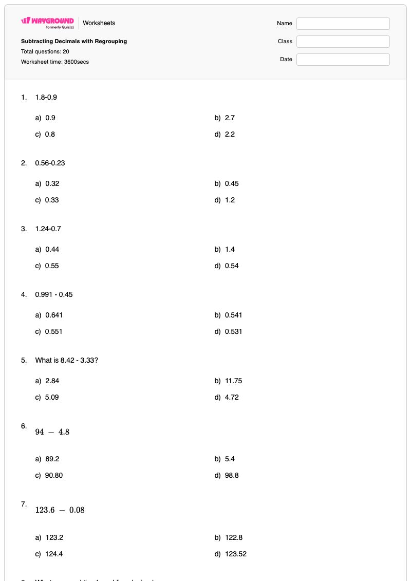 Subtracting Decimals with Regrouping - Printable Subtracting-decimals Worksheets Year 6 - Wayground