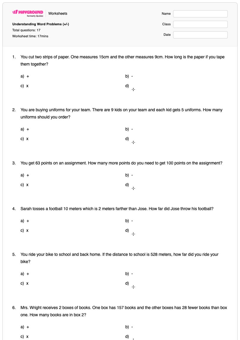 Understanding Word Problems (+/-) - พิมพ์ได้ โจทย์ปัญหาเกี่ยวกับการลบ เวิร์กชีท - Wayground