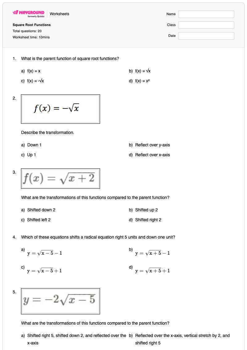 Square Root Functions - พิมพ์ได้ สมการและฟังก์ชันรากที่สอง เวิร์กชีท ระดับ 9 - Wayground