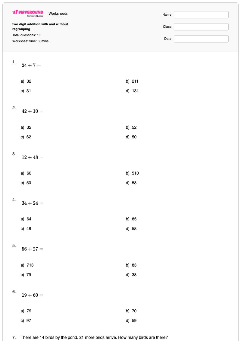 two digit addition with and without regrouping - Printable Addition Worksheets - Wayground