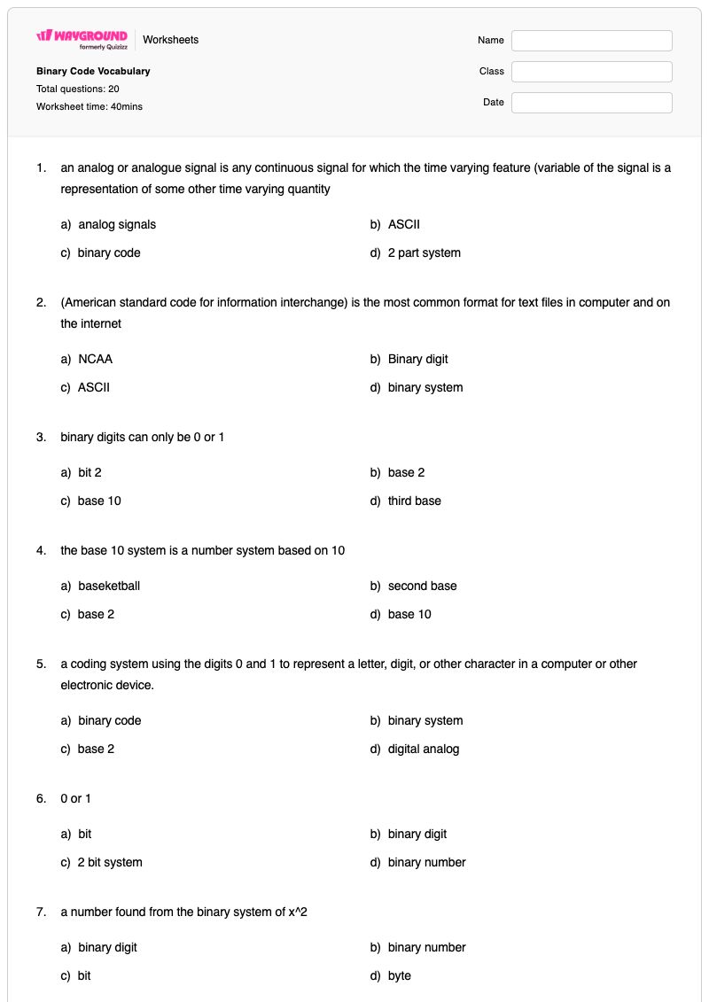 Binary Code Vocabulary - พิมพ์ได้ Binary-code เวิร์กชีท - Wayground