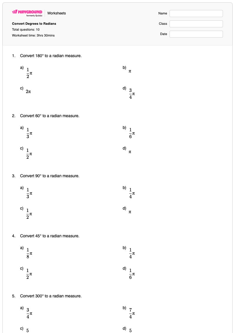 Convert Degrees to Radians - Printable Radians-and-degrees Worksheets - Wayground