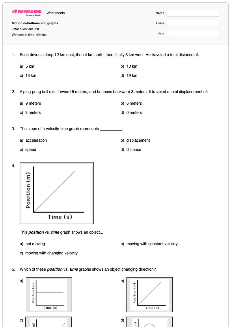 Motion definitions and graphs - พิมพ์ได้ Displacement เวิร์กชีท ระดับ 11 - Wayground