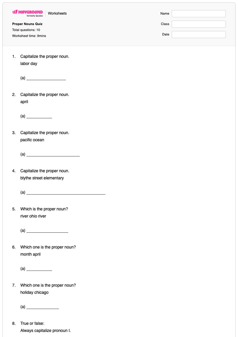 Proper Nouns Quiz - Printable Proper-nouns Worksheets Year 4 - Wayground