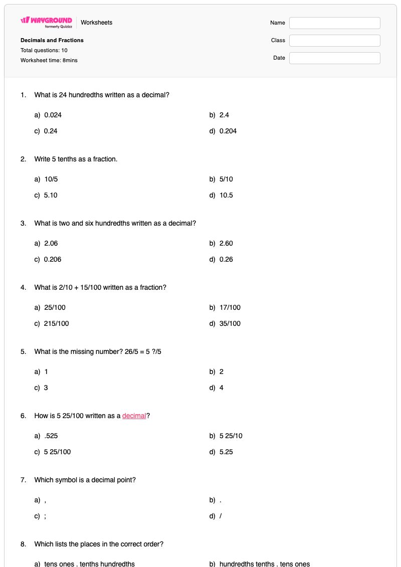 Decimals and Fractions - พิมพ์ได้ การเรียงลำดับทศนิยม เวิร์กชีท - Wayground