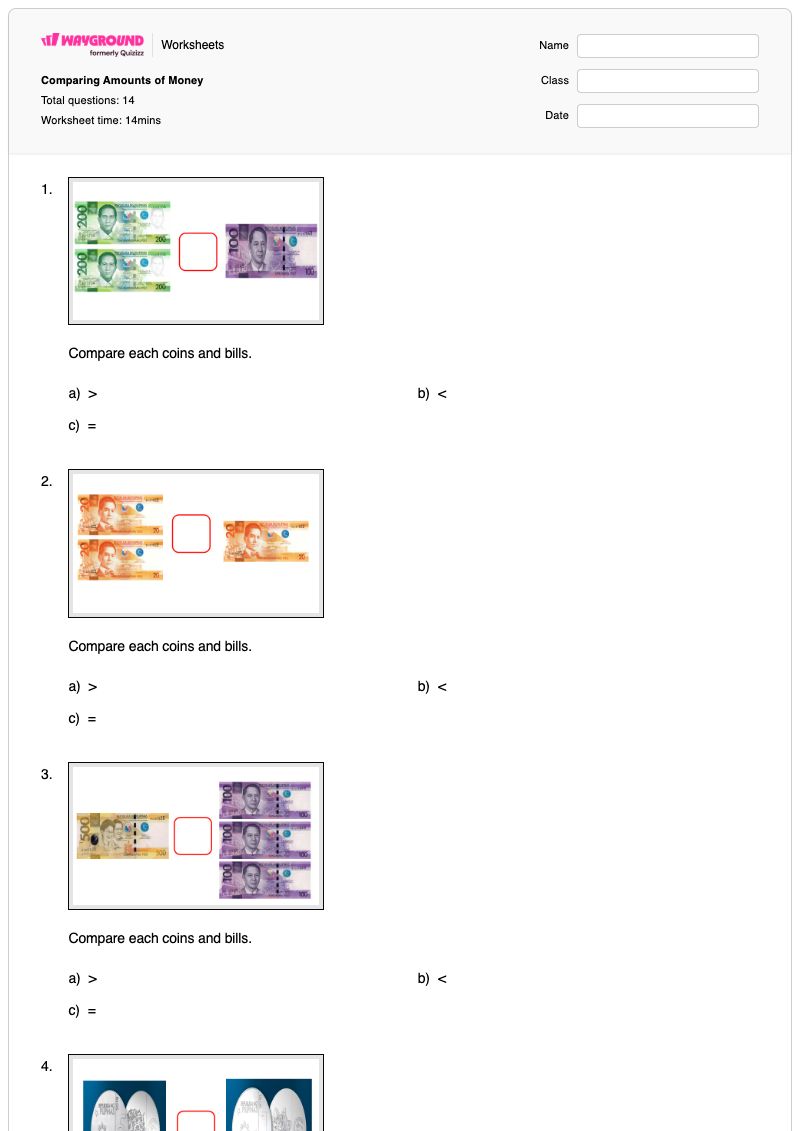 Comparing Amounts of Money - พิมพ์ได้ การเปรียบเทียบเงิน เวิร์กชีท ระดับ 3 - Wayground
