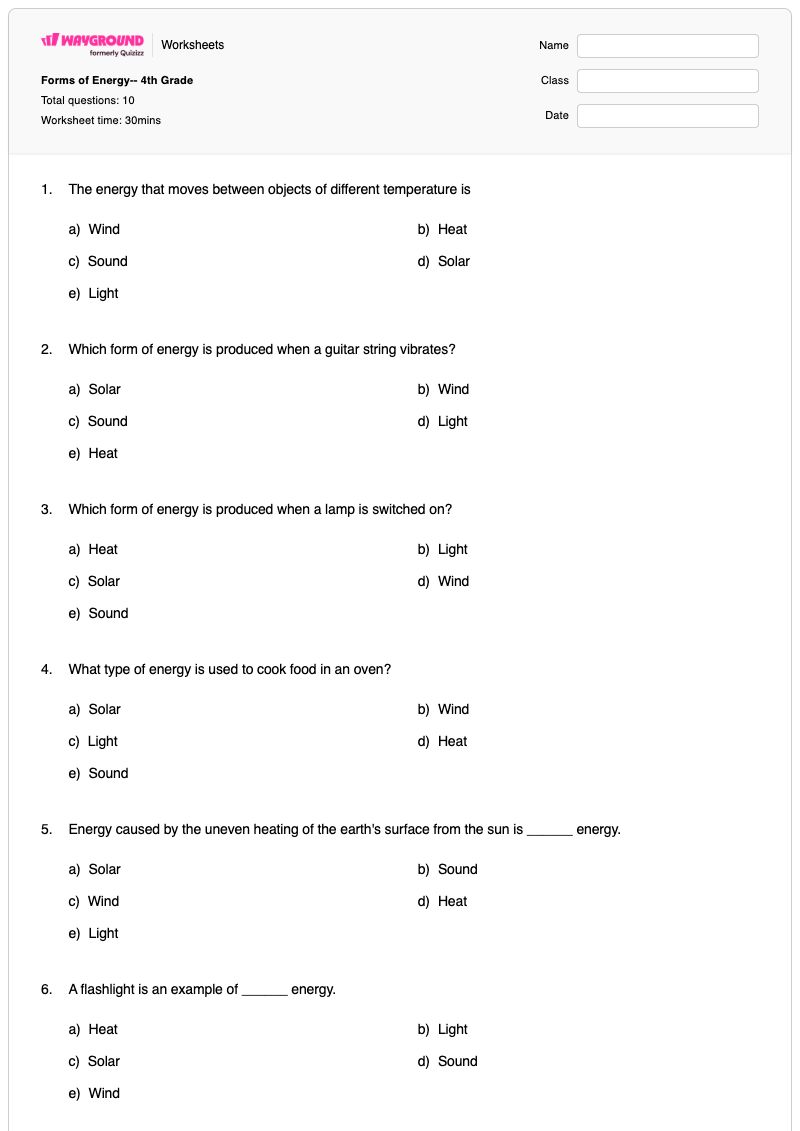 Forms of Energy-- 4th Grade - Printable Forms-of-energy Worksheets - Wayground