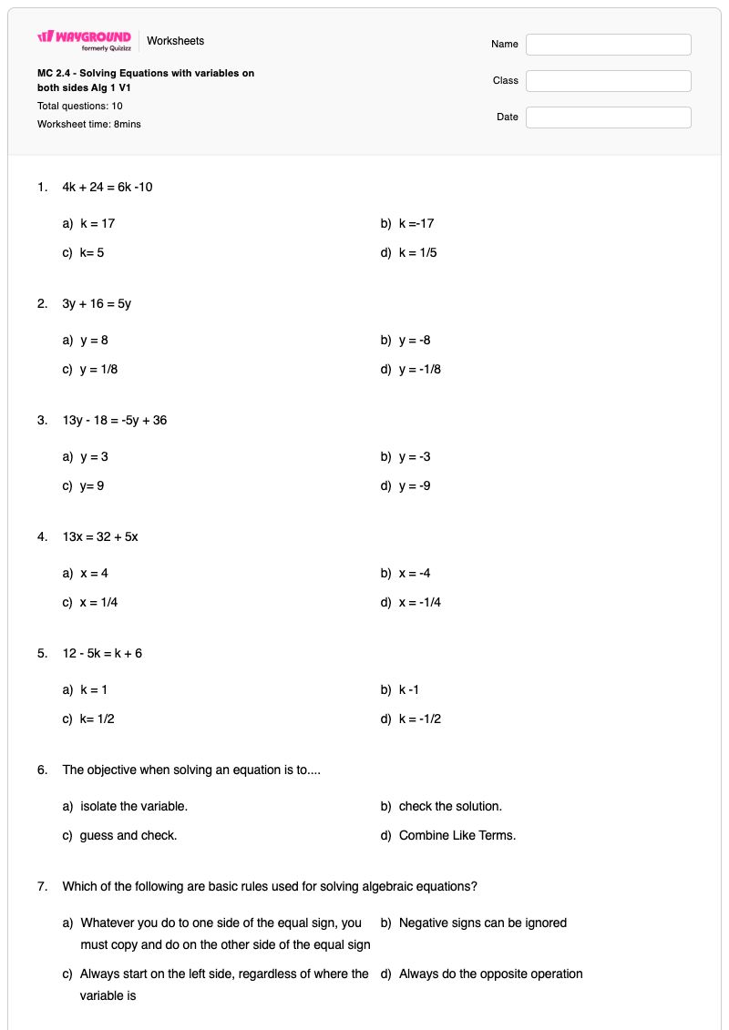 MC 2.4 - Solving Equations with variables on both sides Alg 1 V1 - Printable Algebra Worksheets - Wayground