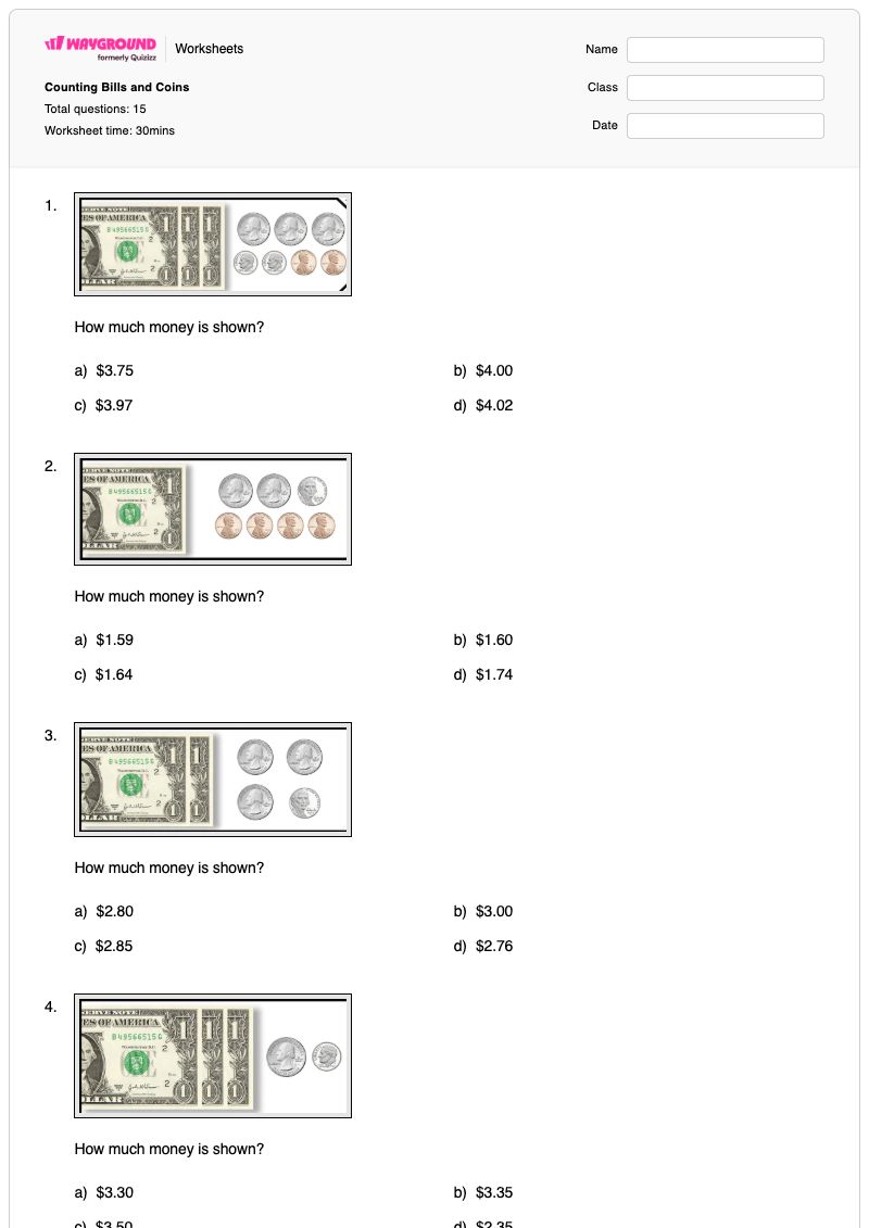 Counting Bills and Coins - Printable Counting-bills Worksheets Kindergarten - Wayground