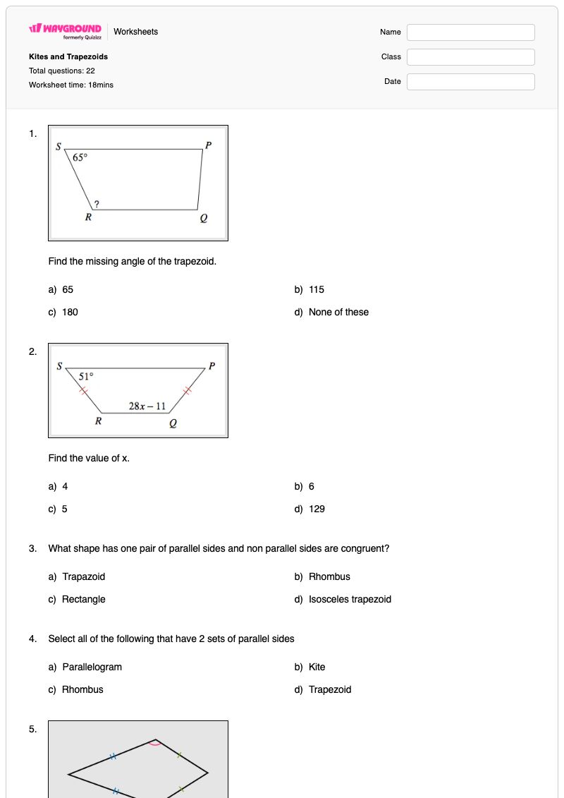 Kites and Trapezoids - Printable Properties-of-kites Worksheets - Wayground