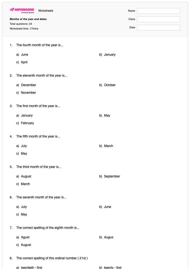 Months of the year and dates - Printable Months-of-the-year Worksheets - Wayground