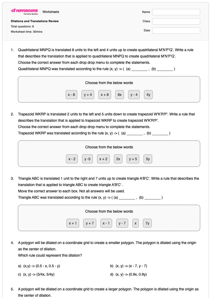 Dilations and Translations Review - Printable Translations Worksheets Class 7 - Wayground