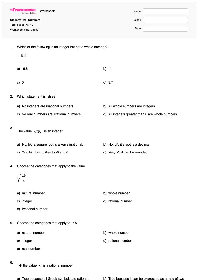 Classify Real Numbers - พิมพ์ได้ การระบุจำนวนเต็ม เวิร์กชีท ระดับ 8 - Wayground