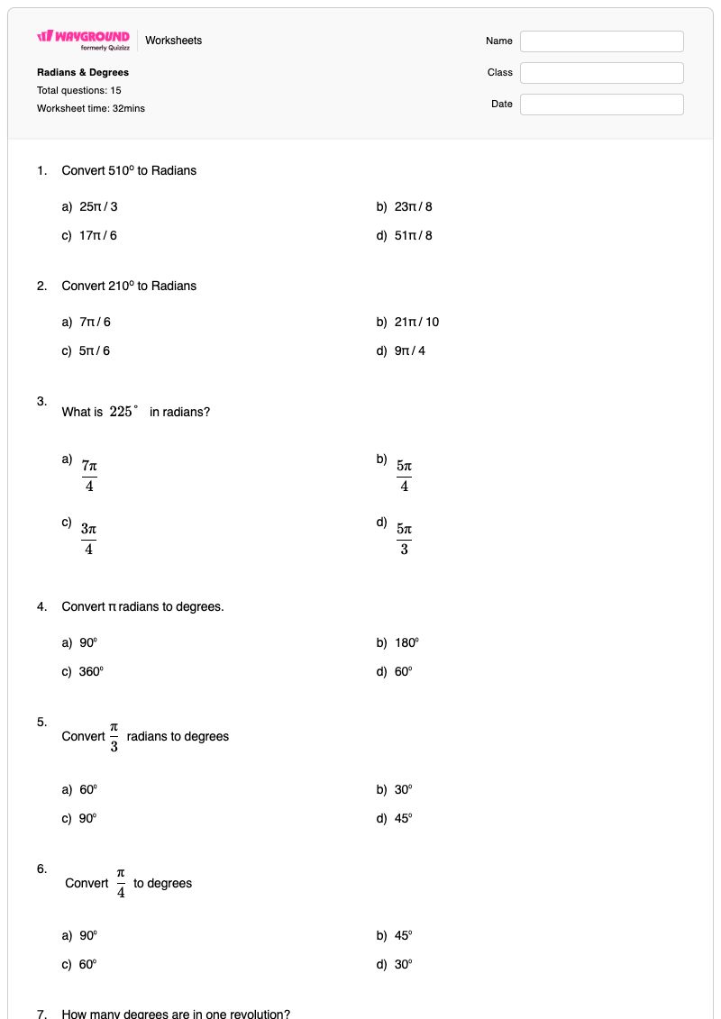 Radians & Degrees - Printable Radians-and-degrees Worksheets - Wayground