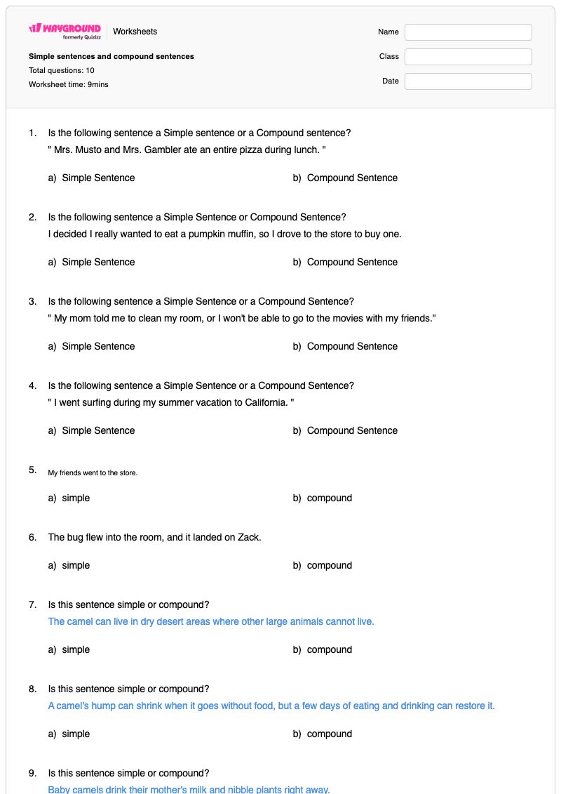 Simple sentences and compound sentences - พิมพ์ได้ ประโยคเรียบง่าย เวิร์กชีท ระดับ 5 - Wayground