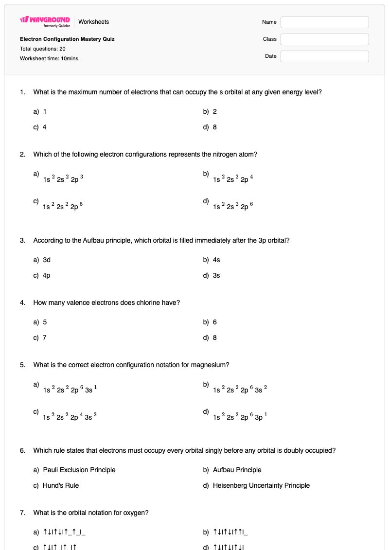 Electron Configuration Mastery Quiz - พิมพ์ได้ Electron-configuration เวิร์กชีท ระดับ 9 - Wayground