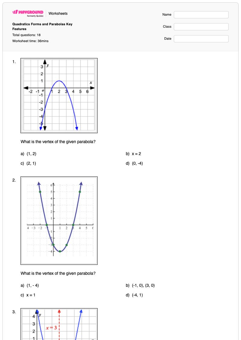 Quadratics Forms and Parabolas Key Features - Printable Parabola Worksheets - Wayground