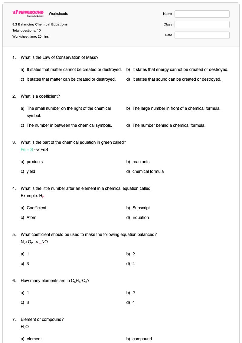 5.2 Balancing Chemical Equations - พิมพ์ได้ Equation-balancing เวิร์กชีท - Wayground