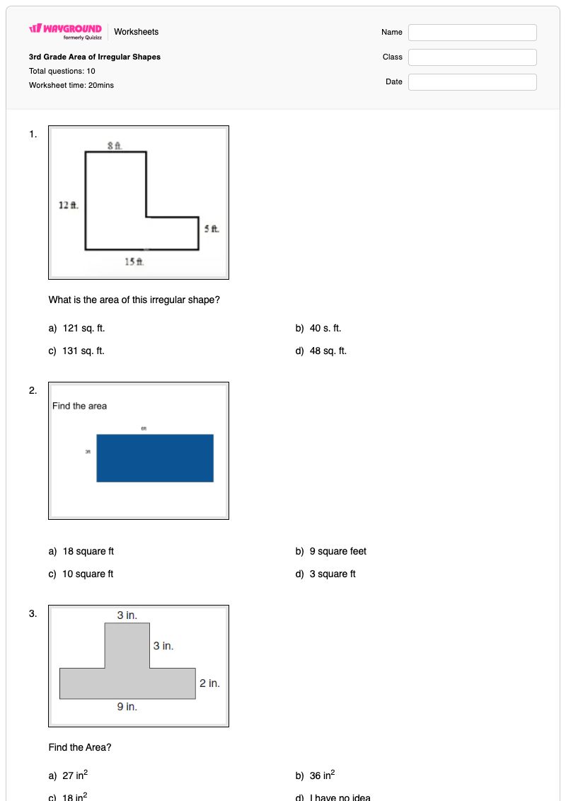 3rd Grade Area of Irregular Shapes - Printable Area-of-irregular-shapes Worksheets - Wayground