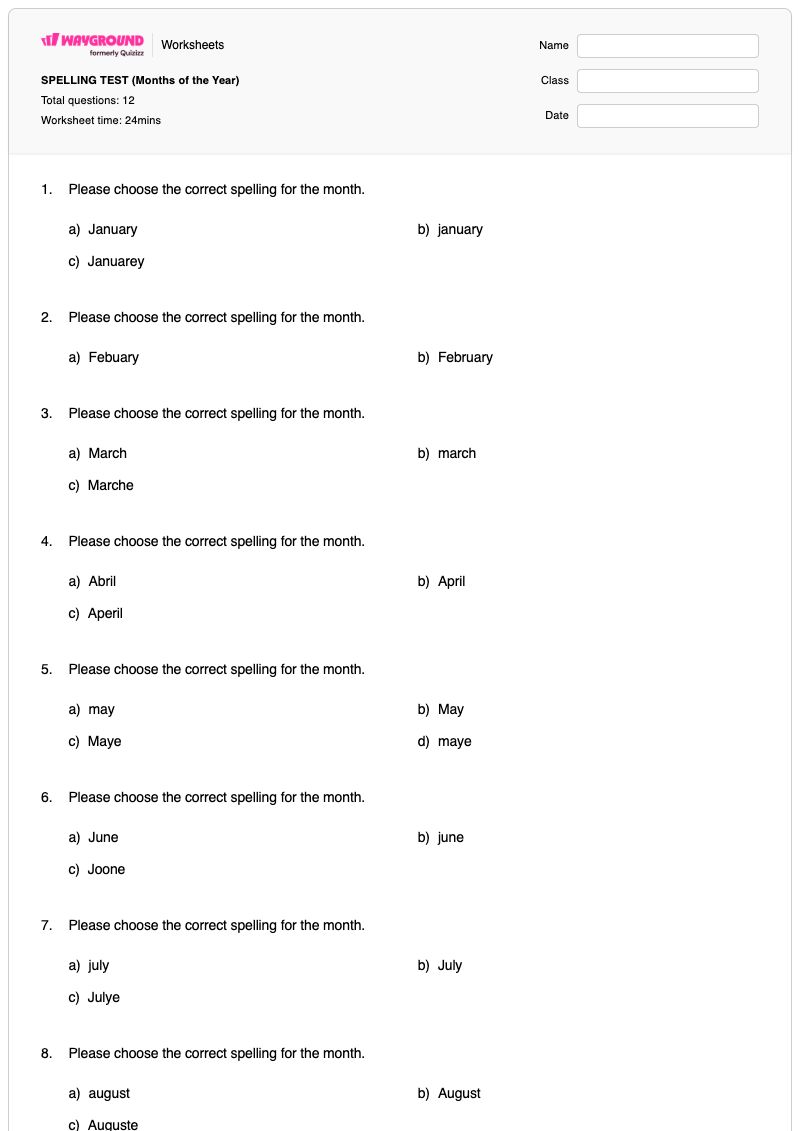SPELLING TEST (Months of the Year) - Printable Months-of-the-year Worksheets - Wayground