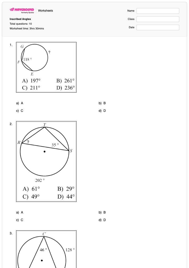 Inscribed Angles - พิมพ์ได้ มุมที่จารึกไว้ เวิร์กชีท ระดับ 9 - Wayground