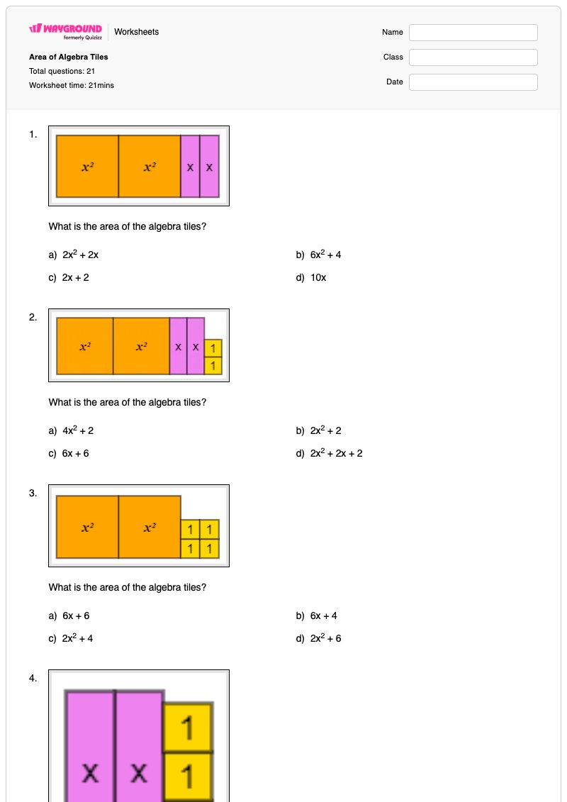 Area of Algebra Tiles - Printable Algebra Worksheets - Wayground
