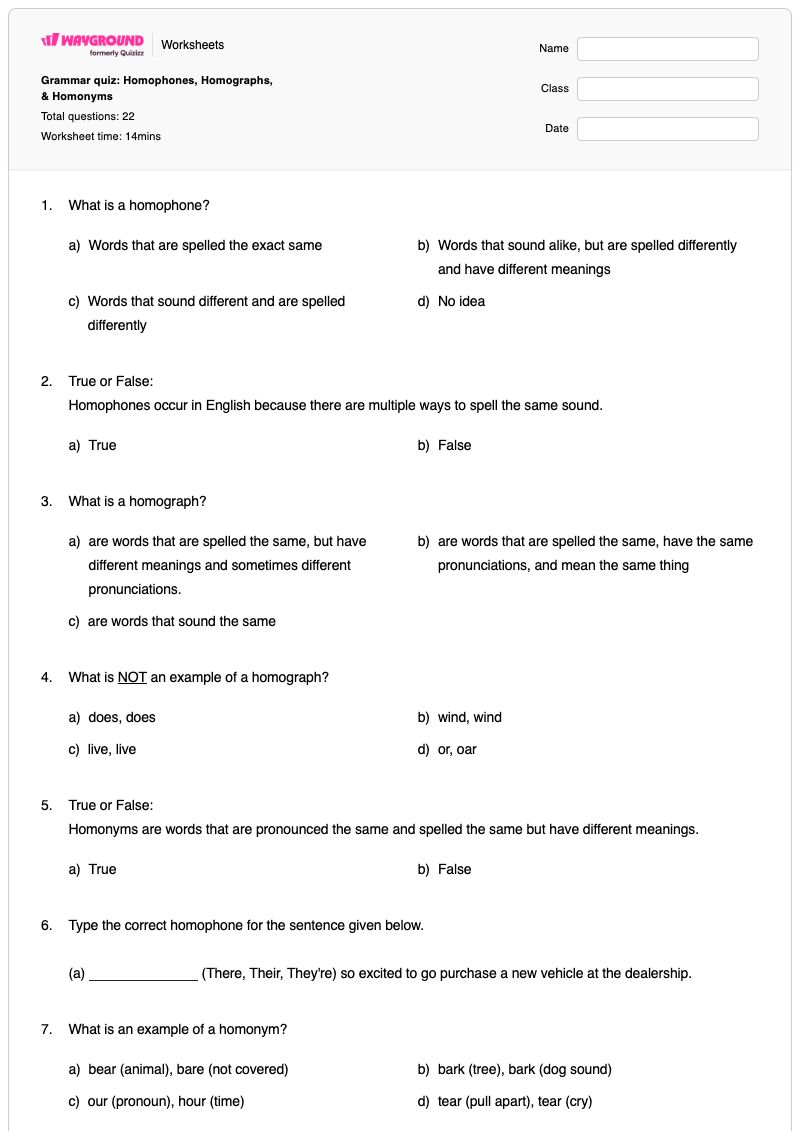 Grammar quiz: Homophones, Homographs, & Homonyms - Nadający się do druku Homonimy Karty-pracy Klasa 5 - Wayground
