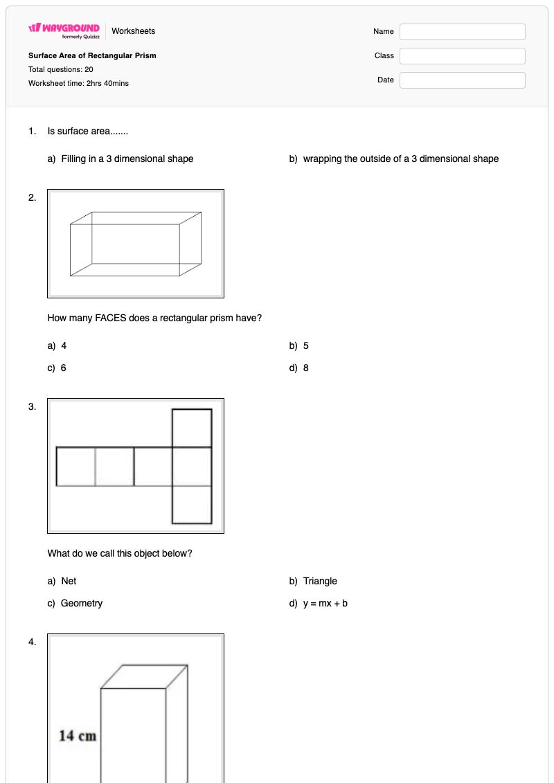 Surface Area of Rectangular Prism - พิมพ์ได้ ปริซึมสี่เหลี่ยมผืนผ้า เวิร์กชีท - Wayground