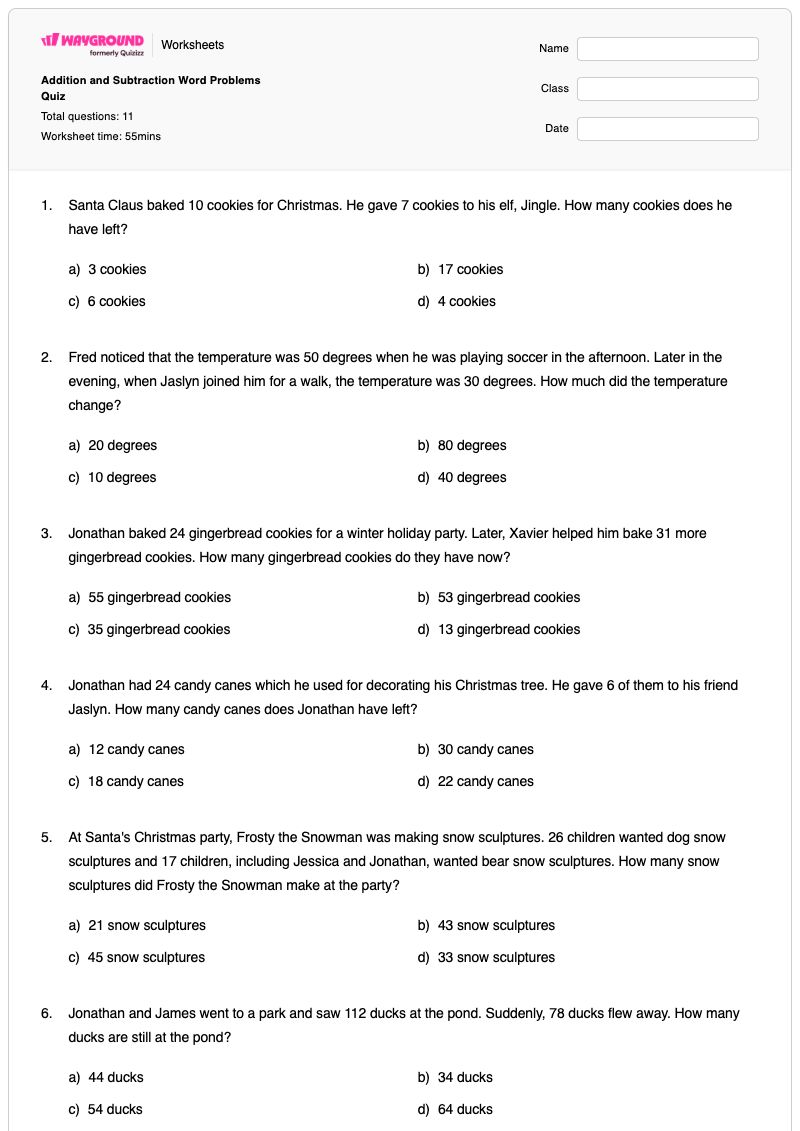 Addition and Subtraction Word Problems Quiz - พิมพ์ได้ Addition-and-subtraction เวิร์กชีท - Wayground