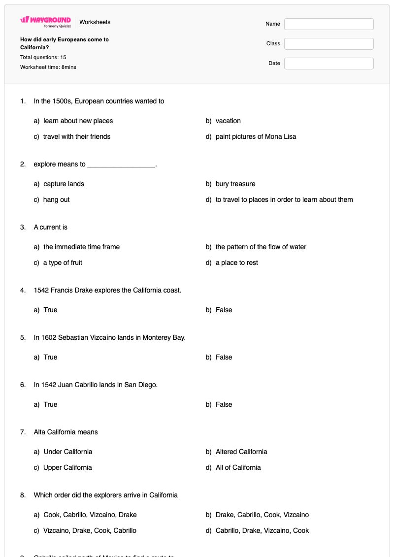 How did early Europeans come to California? - Printable Power-to-a-power Worksheets - Wayground