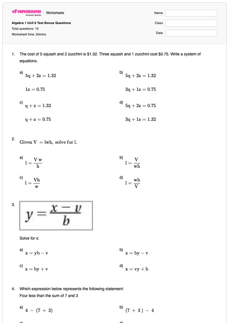 Algebra 1 Unit 6 Test Bonus Questions - Printable System-of-equations-word-problems Worksheets - Wayground