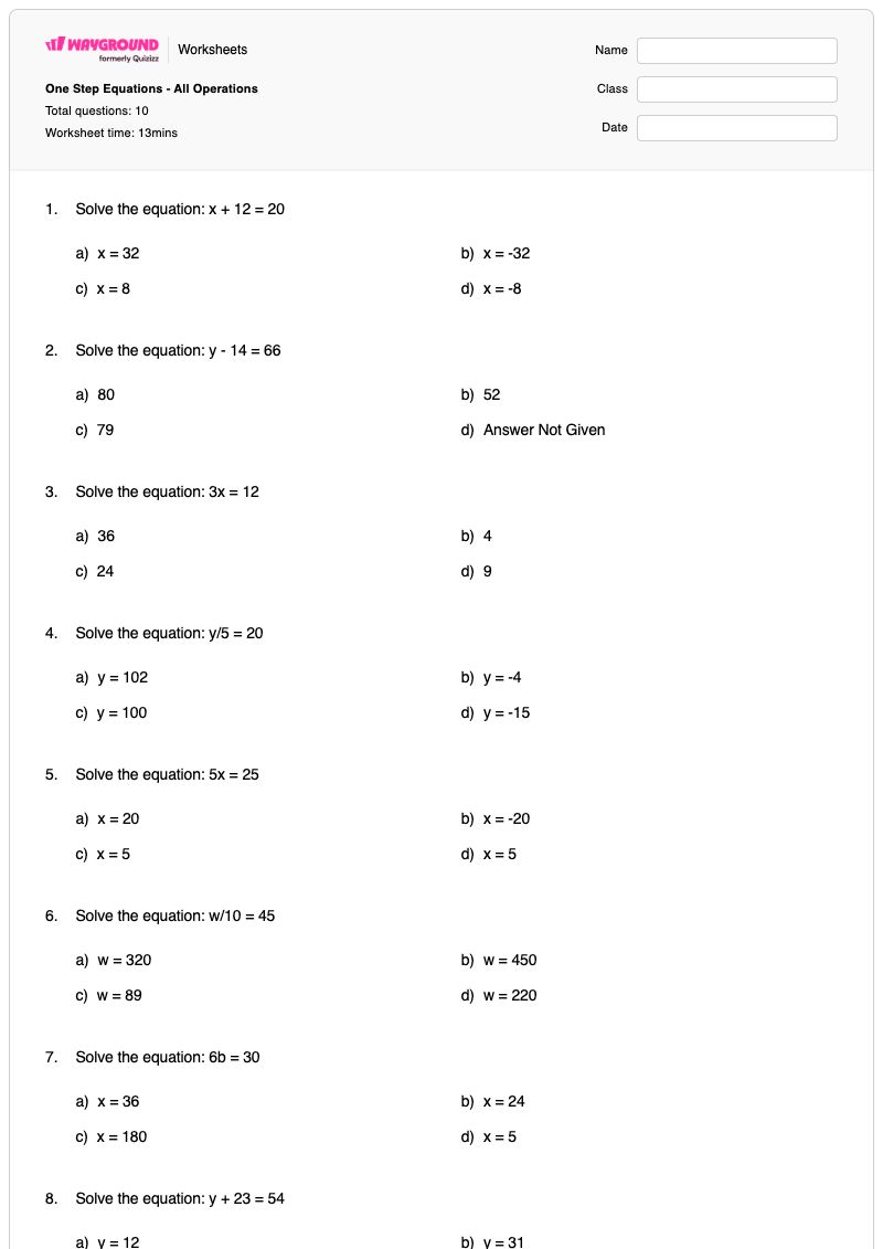 One Step Equations - All Operations - พิมพ์ได้ สมการขั้นตอนเดียว เวิร์กชีท - Wayground