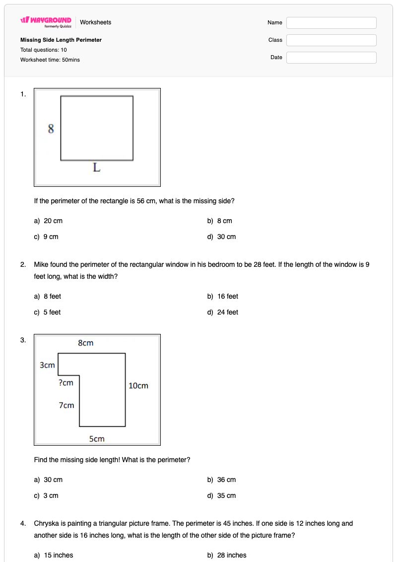 Missing Side Length Perimeter - Printable Perimeter Worksheets - Wayground