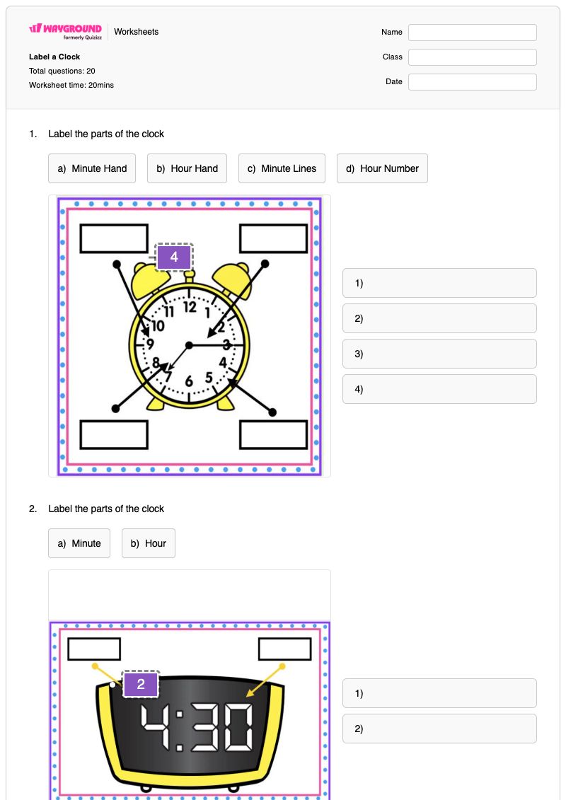 Label a Clock - Printable Parts-of-a-clock Worksheets Class 5 - Wayground