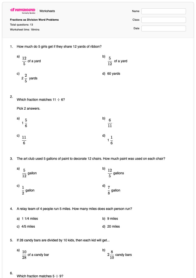 Fractions as Division Word Problems - พิมพ์ได้ การแบ่งปันอย่างเท่าเทียมกัน เวิร์กชีท - Wayground
