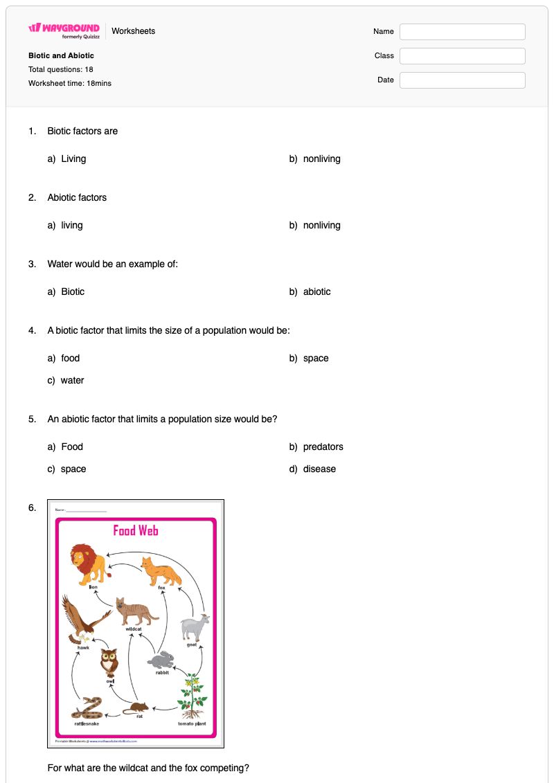 Biotic and Abiotic - พิมพ์ได้ Abiotic-factors เวิร์กชีท ระดับ 8 - Wayground