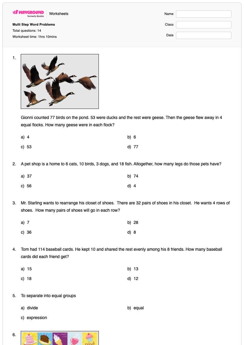 Multi Step Word Problems - Printable Math-word-problems Worksheets - Wayground