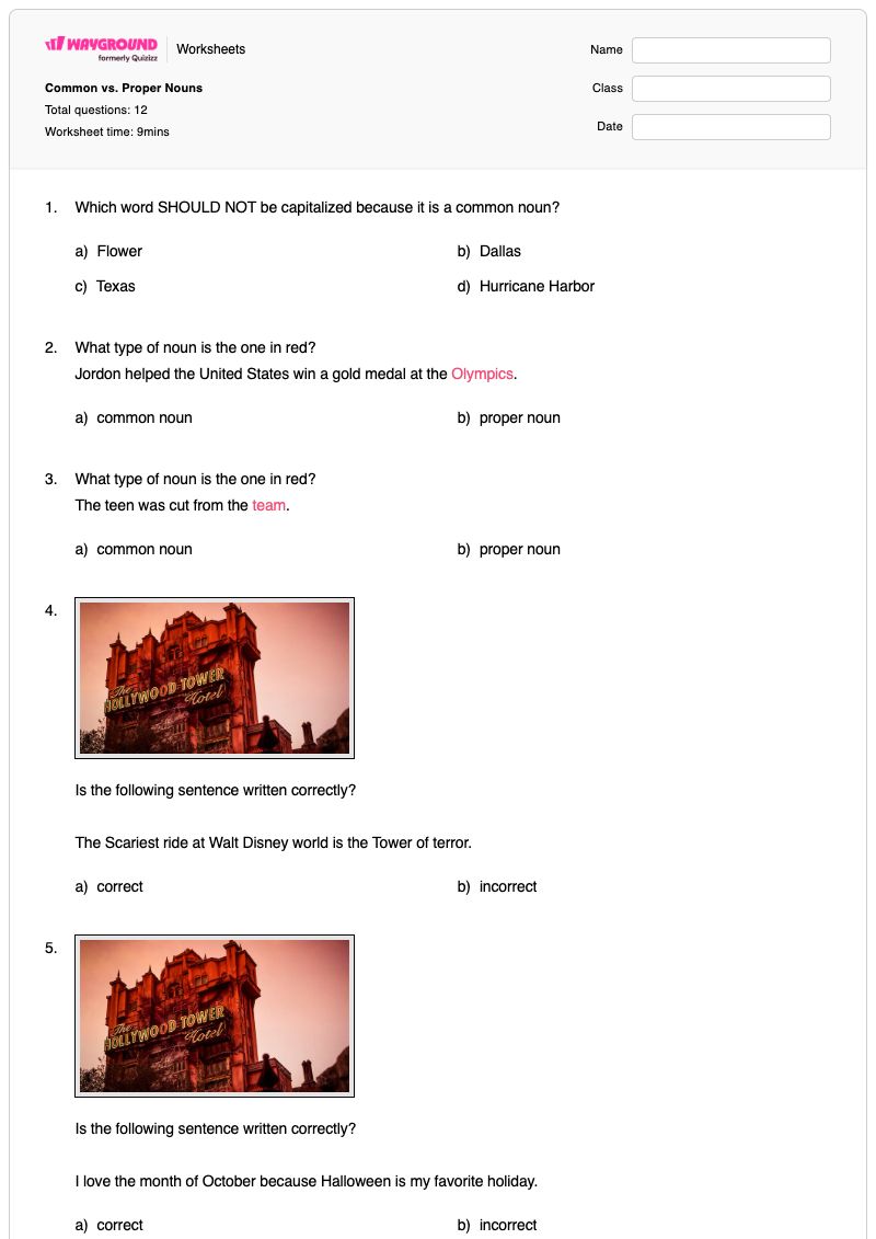 Common vs. Proper Nouns - Printable Proper-nouns Worksheets Kindergarten - Wayground