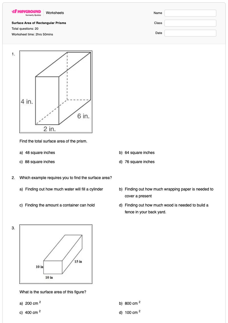 Surface Area of Rectangular Prisms - พิมพ์ได้ ปริซึมสี่เหลี่ยมผืนผ้า เวิร์กชีท - Wayground