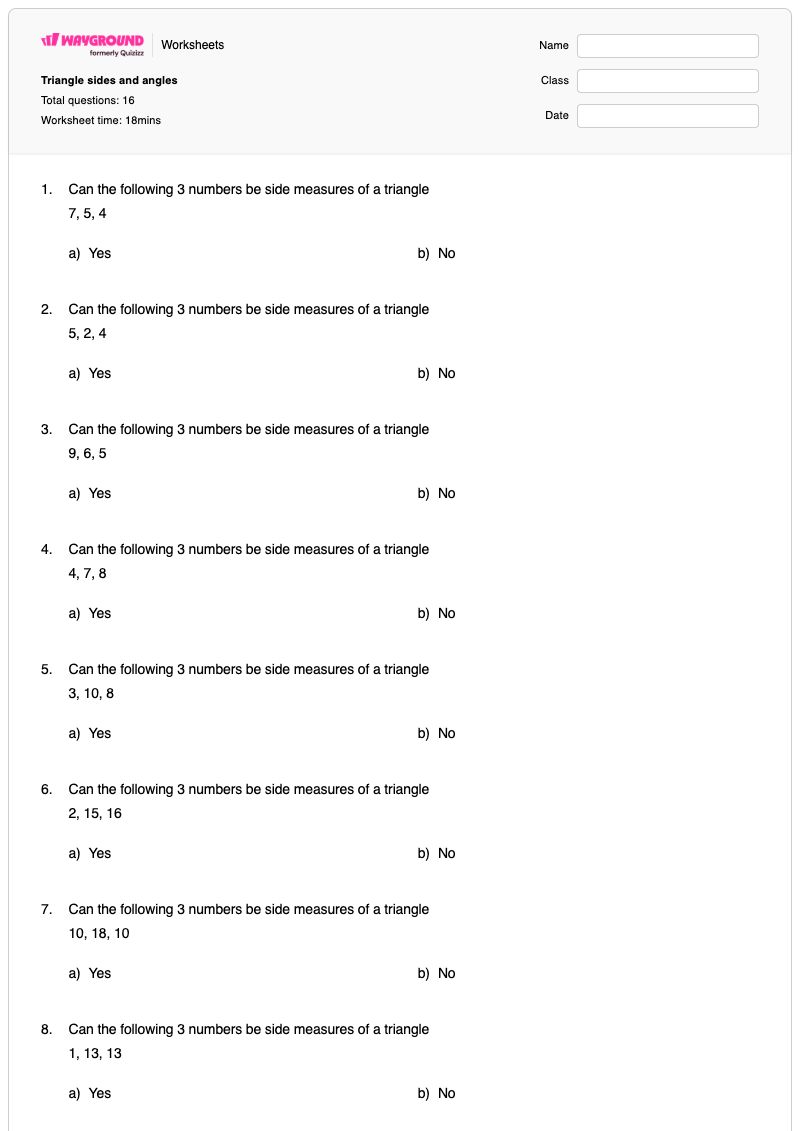 Triangle sides and angles - Printable Midsegment-of-a-triangle Worksheets Class 7 - Wayground