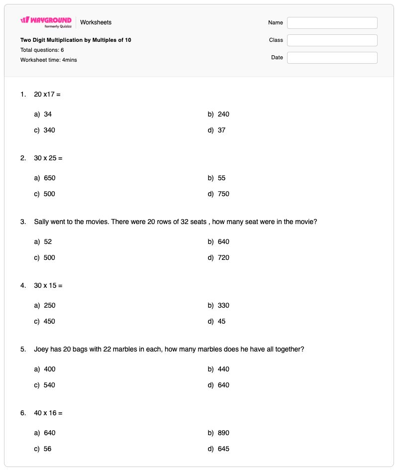 Two Digit Multiplication by Multiples of 10 - Printable Multiples-of-10 Worksheets - Wayground
