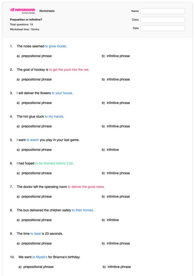 Preposition or Infinitive? - พิมพ์ได้ Verb-identification เวิร์กชีท ระดับ 10 - Wayground