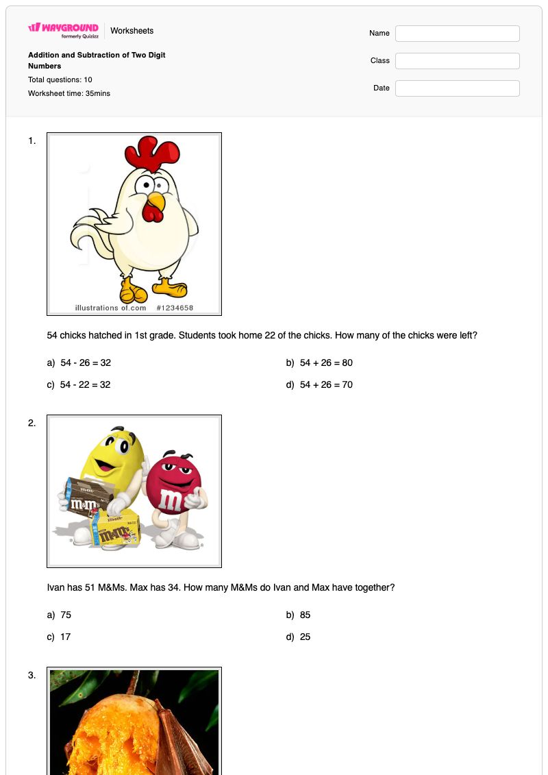 Addition and Subtraction of Two Digit Numbers - พิมพ์ได้ ตัวเลขสองหลัก เวิร์กชีท - Wayground