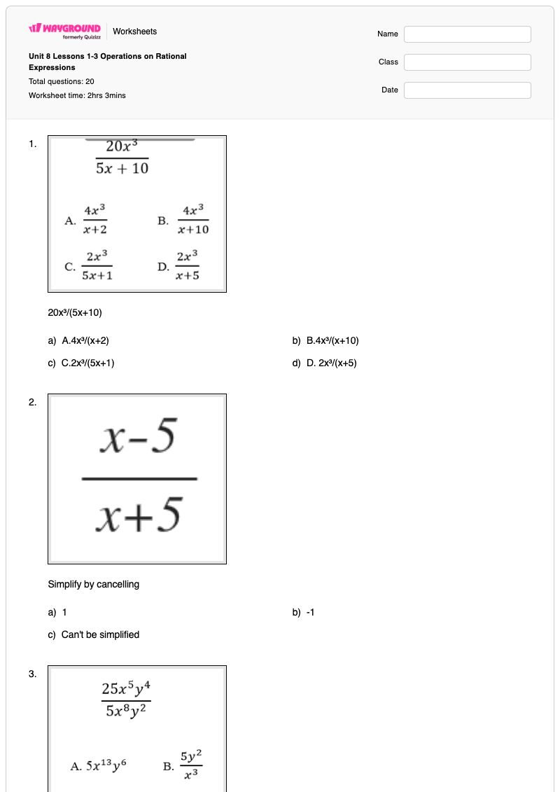 Unit 8 Lessons 1-3 Operations on Rational Expressions - พิมพ์ได้ การแสดงออก เวิร์กชีท - Wayground