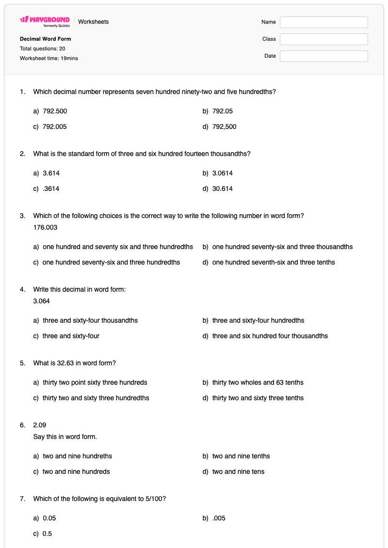 Decimal Word Form - Printable Word-form Worksheets Kindergarten - Wayground