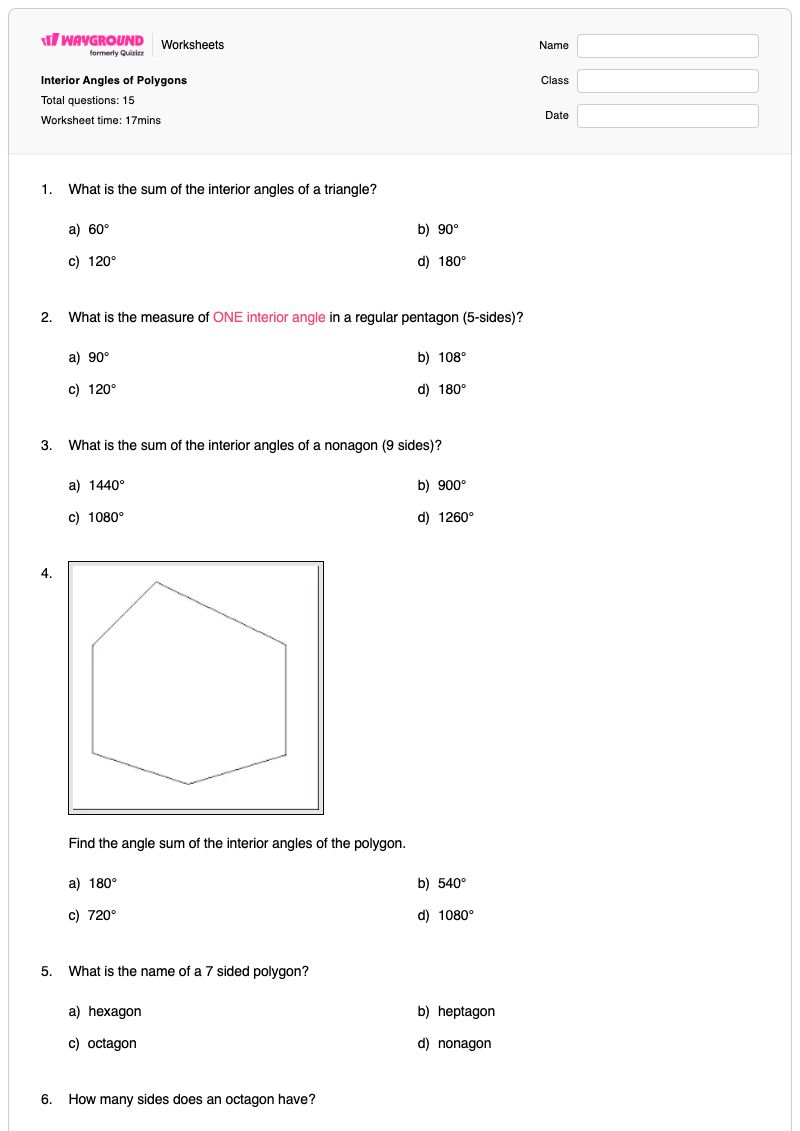 Interior Angles of Polygons - พิมพ์ได้ ทฤษฎีบทผลรวมมุมของรูปหลายเหลี่ยม เวิร์กชีท ระดับ 7 - Wayground