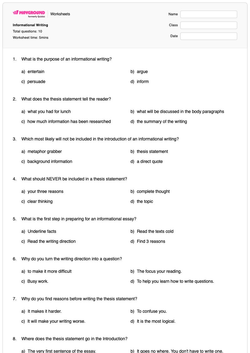 Informational Writing - พิมพ์ได้ การเขียนเชิงข้อมูล เวิร์กชีท - Wayground