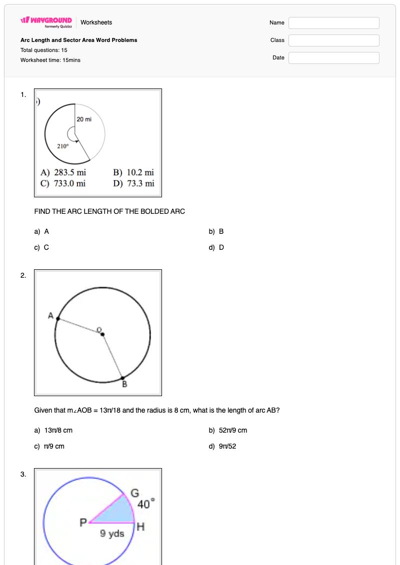 Arc Length and Sector Area Word Problems - Printable Arc-lengths-and-sectors Worksheets - Wayground