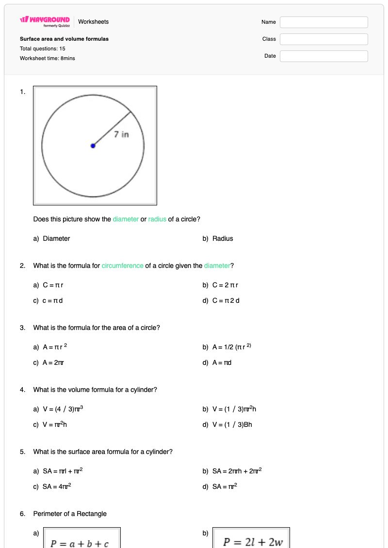 Surface area and volume formulas - Printable Volume-and-surface-area Worksheets - Wayground